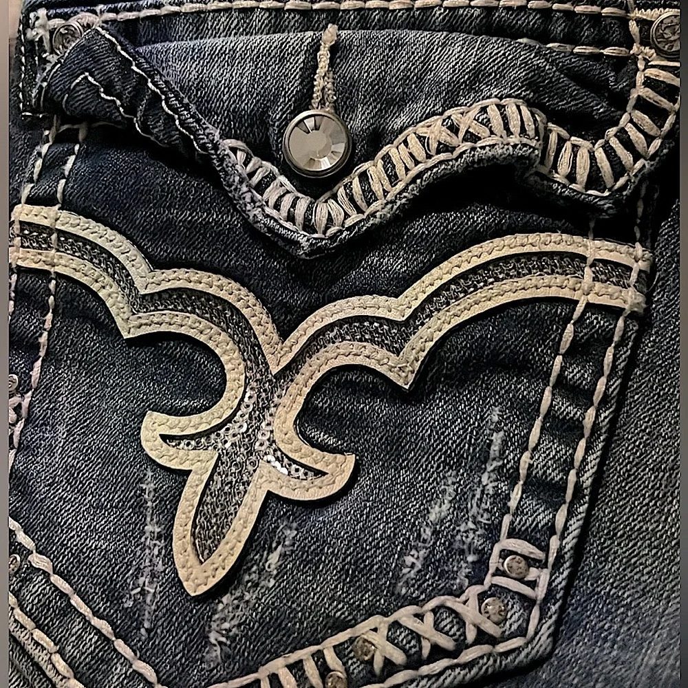 ROCK REVIVAL 🎸 THICK STITCH MAY BOOTCUT DESTROYED DISTRESSED JEANS Women 34 W38” - Picture 13 of 16